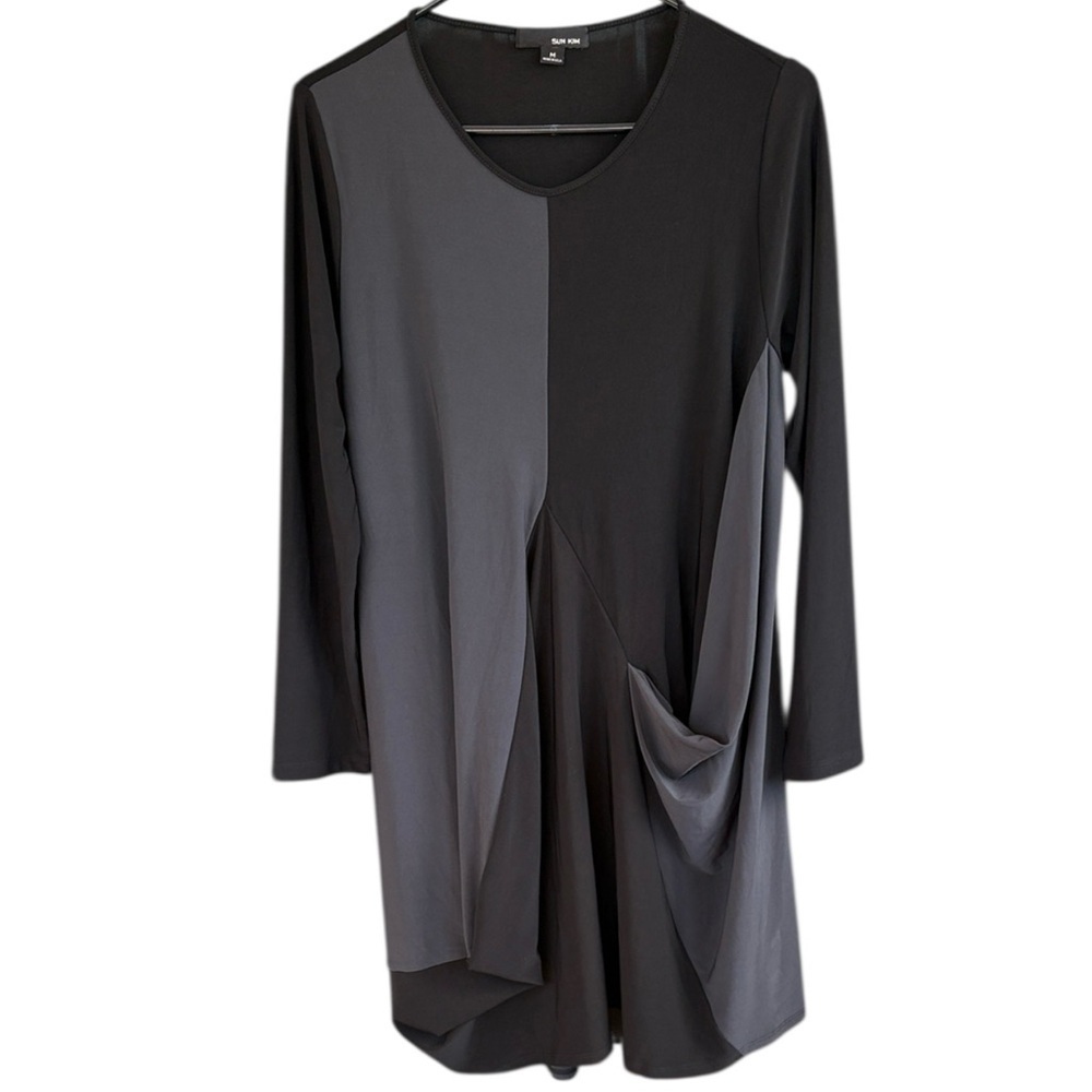EUC Sun Kim Two Tone Colorblock Lagenlook Draped Tunic Dress Black Grey Medium